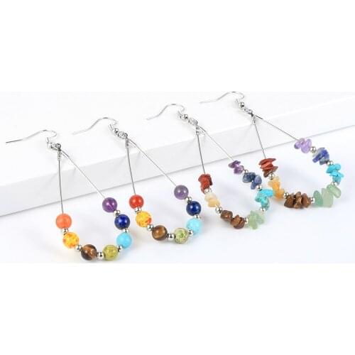 Women Natural Stone Water Drop 7 Chakras Dangling Earring Healing Reiki Irregular Chip Gravel Pierced Earrings Hoops Jewelry