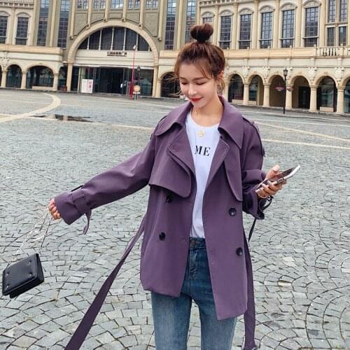 Spring Autumn 2021 Beige Purple Short Trench Coat Plus Sashes Loose Lapel Long Sleeve Casual Abrigo Mujer Elegant Windbreaker