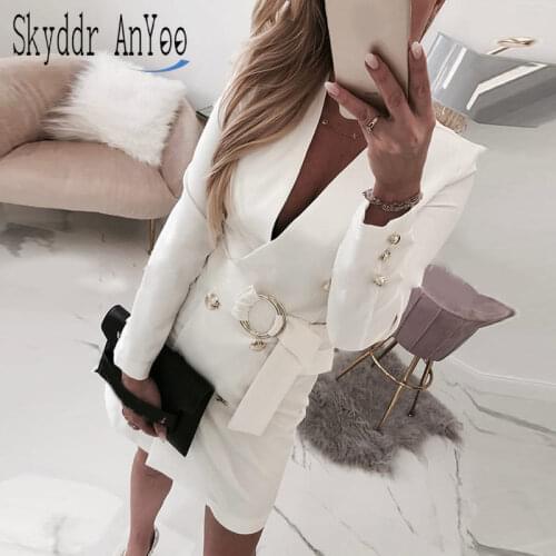 Women Autumn Long Sleeve White Blazer Dress V-Neck Slim Chic Ladies Business Office Dresses