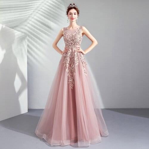 Evening Dresses Illusion A-Line O-Neck Sleeveless Crystal Pearls Lace Tulle Embroidery Backless Luxury Women Formal Gown TS001