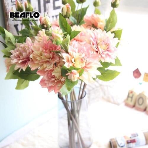 1pc Artificial Flower Fresh Dahlia Silk Fake Floral With Vivid Leaf for Home Wedding Decoration Party Garden Office Decor B1012
