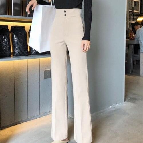 2021 Women Autumn Winter New Elegant Trouser Lady Solid Button High Waist Flare Suit Pant Female Casual Loose Straight Pant D258