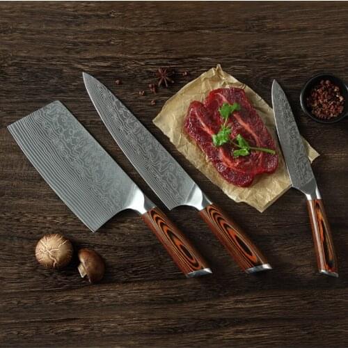 3pcs Kitchen Knives Stainless Steel Damascus laser pattern Knife Paka Wood Handle Fruit Vegetable Meat Cooking Tools Accessorie