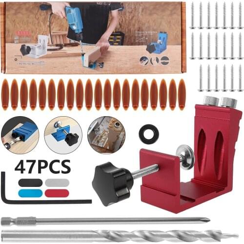 47pcs Oblique Hole Locator Woodworking Positioner Drill Bits Pocket Hole Jig Kit 15 Degree Angle Drill Guide Set Carpentry Tools