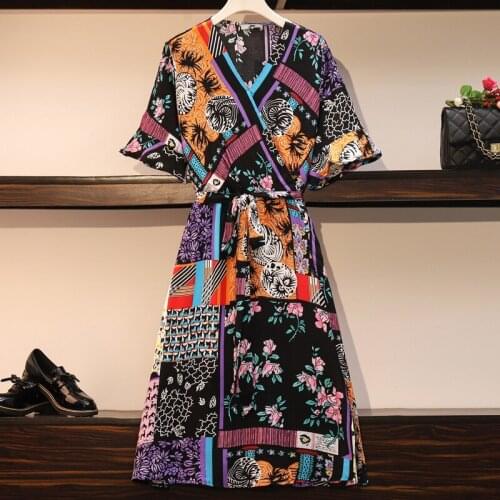 5XL 6XL 2020 summer women vintage printed plus size dress female flare sleeve v-neck belt boho dresses JC144