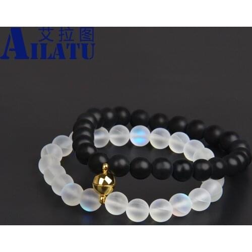 Ailatu Gold Attract Couples Bracelets 8mm Flash Glass Beads White & Black Long Distance Love Jewelry Valentines Day Present