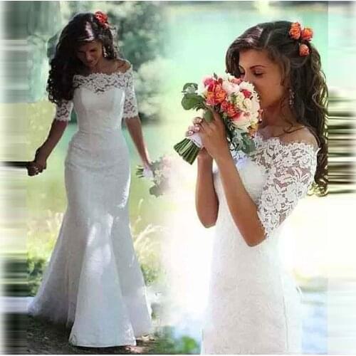 White Lace Boho Mermaid Wedding Dresses Half Sleeves Off The Shoulder Beach Bridal Dresses Elegant Women Dubai Arabic Gowns