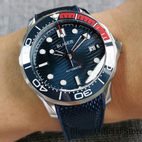 BLIGER Dress 41mm Automatic Men Wristwatch Sapphire Crystal NH35A MIYOTA 8215 Blue Dial Wave Date Rubber Band