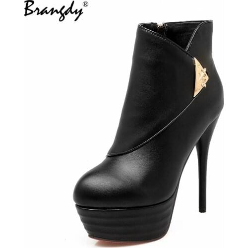 Brangdy Women Pumps Ankle Boots PU Leather Metal Buckle Women High Heels Shoes Platform Round Toe Women Thin Heels Shoes Zipper