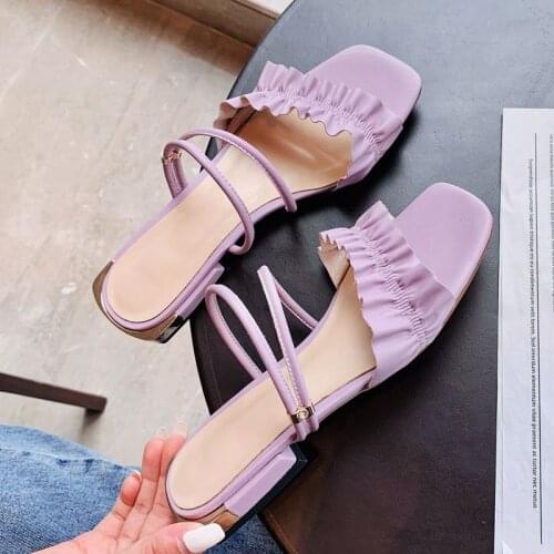 COOLULU Ladies Open Toe Mid Heel Slides Women Shoes Slip on Slippers Ruffles Sandals Shoes Casual Women Sandals Size 33-39
