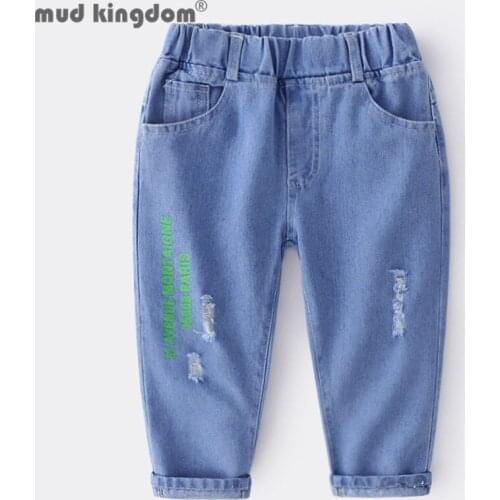 Mudkingdom Little Boys Jeans Letter Distrresed Solid Pockets Elastic Waist Casual Denim Pants for Kids Spring Autumn Trousers