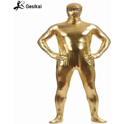 Gesikai Fancy Adult Metallic Open Eyes and Mouth Zentai Full Bodysuit Shiny Men Tights Suit Jumpsuits Men Halloween Costumes