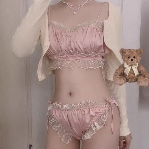 2020 Vintage Satin Lace Wirefree Bra Set Private House Sexy Fairy Lingerie Sets girls Nightwear Cotton Cup Panty and Bra set