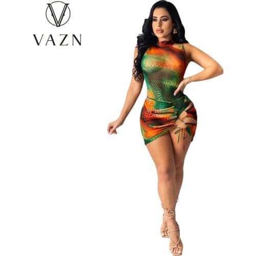 VAZN 2021 Summer Tie Dye Print Bandage Sleeveless O-neck Suits 2 Piece Set Beach 2 Piece Set Women Top And Pant