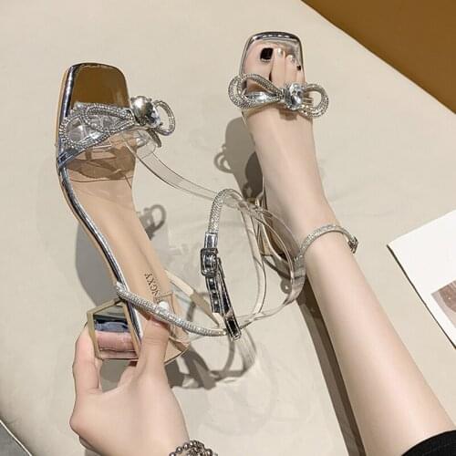 Rhinestone Sandals Womens Summer 2021 New Bow with Thick Heel Online Celebrity Fairy Wind High Heels