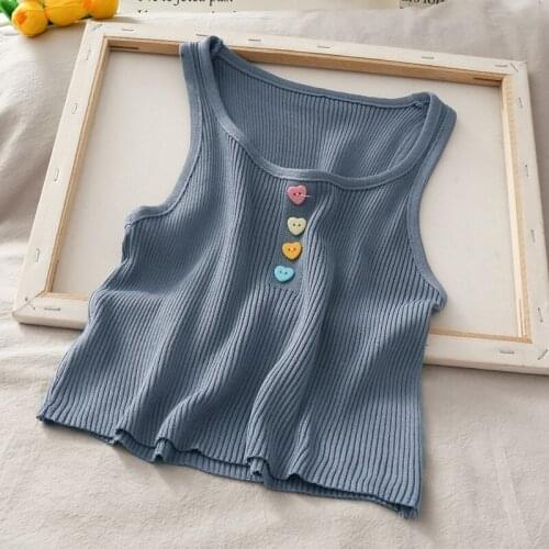 2021 New Chic Buttons Vest Tank Casual Short Knitwear Slim Crop Top Summer Thin Knitted T Shirt