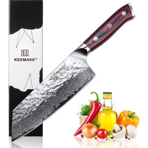 SUNNECKO 7" Nakiri Cleaver Knife Hammer Damascus AUS-10 Steel Blade Kitchen Knives Mirror G10 Handle Sharp Meat Cutting Knife