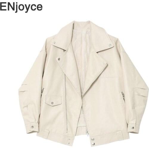 Autumn Winter Women Faux Soft Leather Loose Jacket Coat White Turndown Collar Pu Motorcycle Overcoat Female Rivet Punk Jackets