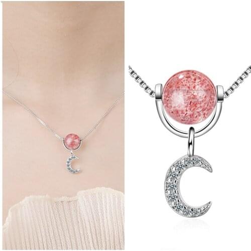 Trend Strawberry Crystal Moon Pendant Necklaces For Women Jewelry Vintage Silver 925 Chain Clavicle Necklace Girls Accessories