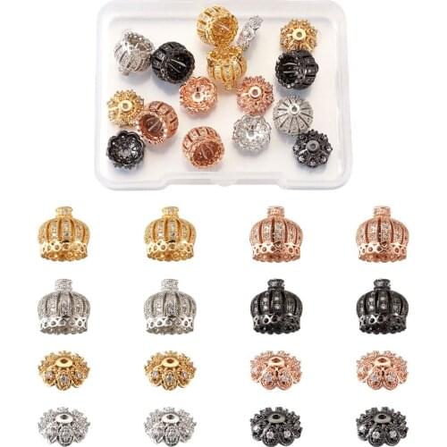 16pcs/Box Hollow Brass Micro Pave Clear Cubic Zirconia Beads Tassel Cap Bail Crown Shape Mixed Color For DIY Jewelry Making