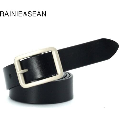 RAINIE SEAN Black Vintage Belt Woman Real Cow Leather Belt Pin Buckle Square Female Casual Fashion Ladies Trouser Belt for Jeans