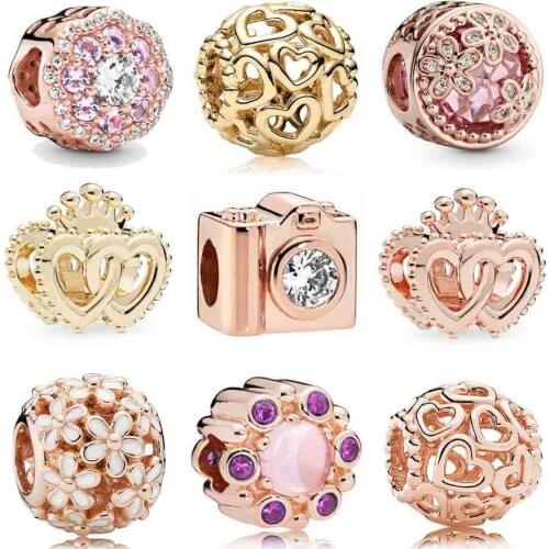 Rose Darling Daisy Meadow Radiant Floral Love Hearts Camera Crown 925 Sterling Silver Beads Fit Europe Bracelet DIY Jewelry