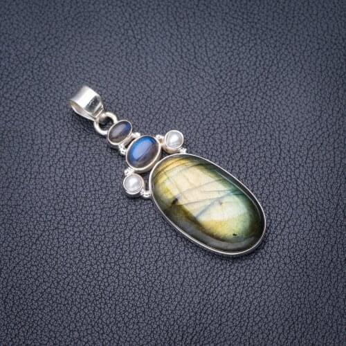 StarGems Natural Blue Fire Labradorite River Pearl Handmade 925 Sterling Silver Pendant 2.25" E3728