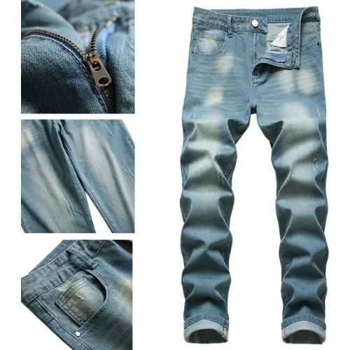 College student mens slim pants Korean style trendy mens pants high-end ripped trendy jeans jeans