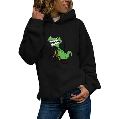Cute Dinosaur Print Long Sleeve Hoodie Women Casual Loose Hooded Pullover Autumn Korean Fleece Crew Neck Hoodies Comfy Moletom