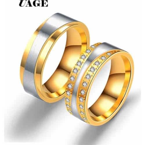 UAGE Shining Cubic Zircon Matte Wedding Rings for Couple Gold Titanium Stainless Steel Romantic Anniversary Women Jewelry