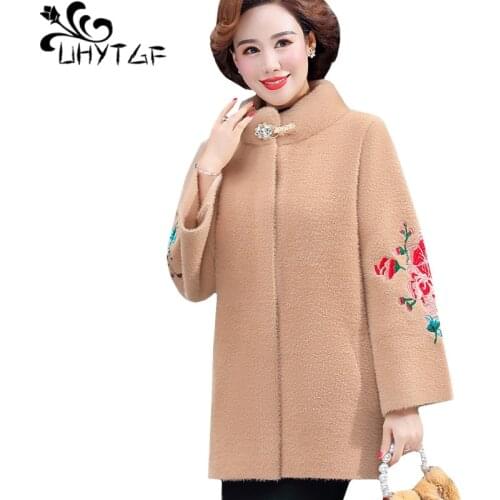 UHYTGF Quality Mink Fleece Winter Woolen Jacket Women Fashion Embroidery Elegant Female Coat Korean Loose Plus Size Outwear 1339