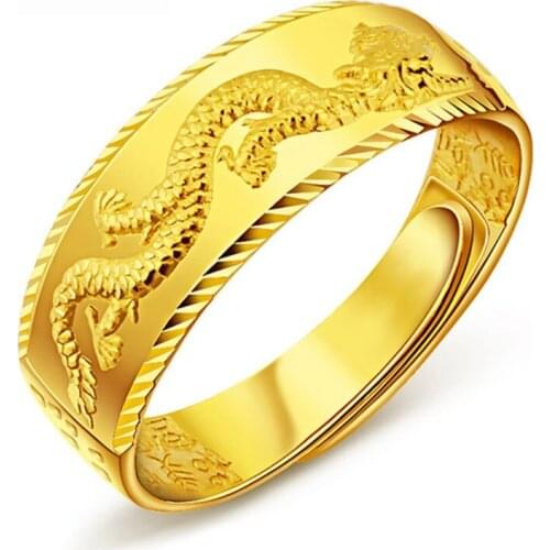 FYJS Unique Light Yellow Gold Color Metal Engraved Chinese Dragon Resizable Finger Ring Classic Style Jewelry