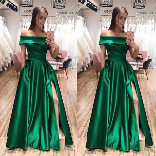 Off Shoulder Evening Dresses Long High Split Corset Back A-Line Simple Satin Prom Party Formal Gowns Vestido De Festa Cheap