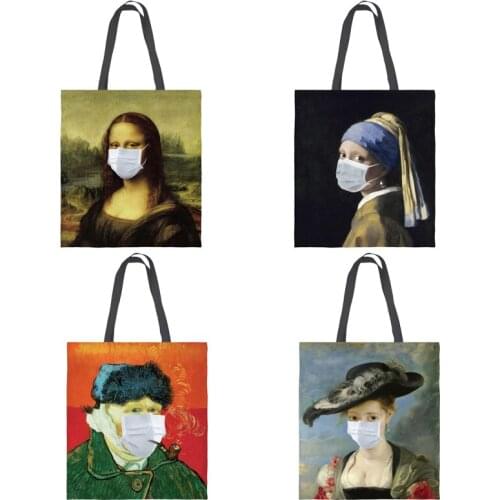 Creative World Famous Painting Figures Wearing Masks Canvas Handbag Women Tote Foldable Shopping Shoulder Bag School Book Bags