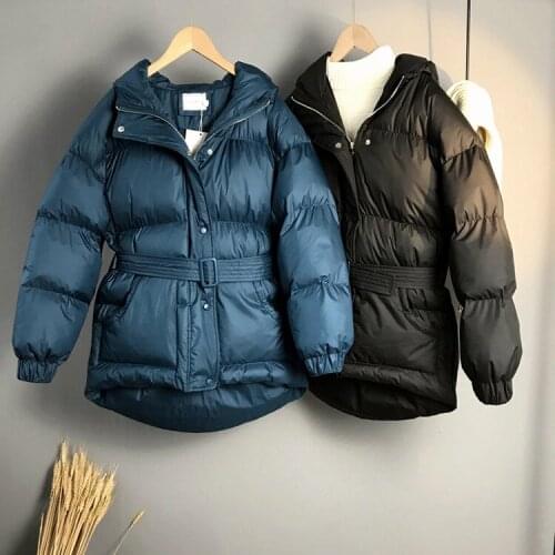 2020 Winter Long Sleeve Hooded Collar Women Pure Color Warm Jacket With Belt Casaco Feminino Cotton Thick Coat