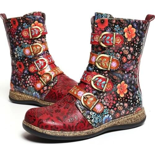 New Style Hot Women Boots Retro Printed Metal Buckle Genuine Leather Zipper Ankle Boots Ladies Shoes Women Botines Mujer 2021