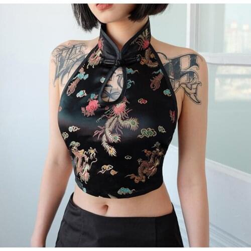 Womens chinese style print sexy backless short halter neck tops ladys vintage high waist chic Tees Tops TB491