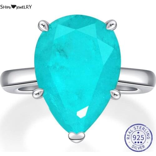 Shipei 925 Sterling Silver Paraiba Tourmaline Pear Gemstone Wedding Fine Jewelry Engagement Vintage White Gold Sky Blue Rings