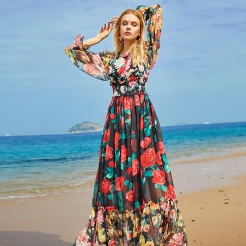 Bohemian Spring Fashion New High Quality WomenS Dress Holiday Fashion Rose Print Trumpet Long Sleeve Chiffon Long Dresses