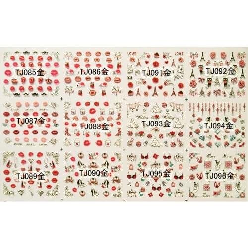 12 SHEETS / LOT GOLDEN & SILVERY INAID 3D METALLIC NAIL DECAL SELF ADHESIVE STICKER PARIS WEDDING KISS LOVE DIAMOND TJ85-96