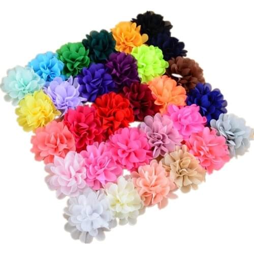 30pcs/lot 30 Color 7cm Petite Artificial Chiffon Fabric Flowers Puffs Flat Back Floral For DIY Kids Headbands Hair Clips MH70