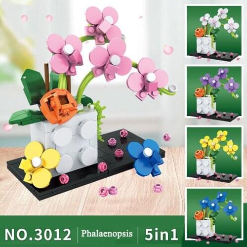 5 In 1 Colorful Exchange Phalaenopsis Building Blocks Flower Plant Bonsai Decoration Orchid Model Assembly Bricks Childrens Toy