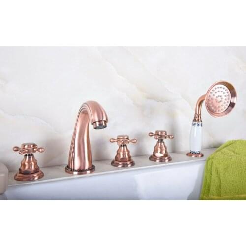 Antique Red Copper Brass Widespread 5 Hole Bathroom Roman Tub Bath Faucet with Telephone Style Hand Held Shower Head atf181