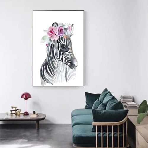 Baby Zebra Poster Print Flower Crown Wreath Nursery Animals Wall Art Canvas Painting Safari Animal Picture Girls Room Wall Decor