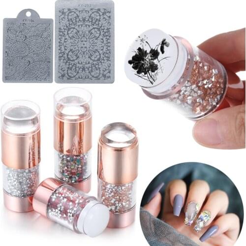 1 Set Double-end Nail Stamper Stamping Plate Silicone Smile Bevel French Nail Art Stamp Image Stencil Tool With Crystal Handle