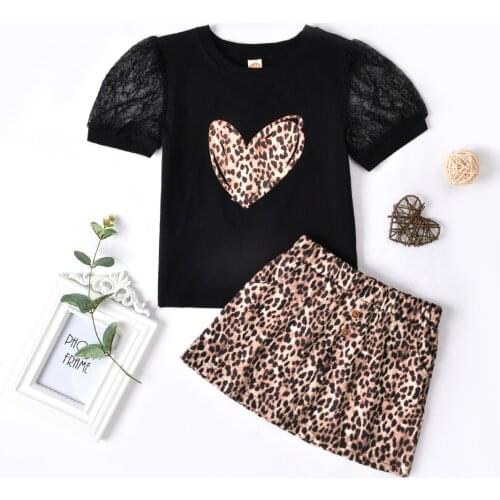 FOCUSNORM 1-6Y Summer Lovely Kids Girls Clothes Sets Leopard Printed Lace Puff Sleeve T Shirts A-Line Skirts 2pcs