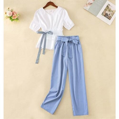 Two Piece Set Women White V Neck Tshirt And Blue Black Long Pants Set Casual Sexy Short Sleeve Women Summer Tracksuit Pants Suit