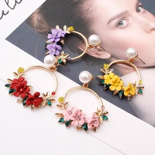 4 Color Trendy Cute Pink Flower Earrings For Women Girls Jewelry Female Rhinestone Gold Metal Round Circle Earrings Gift Brincos