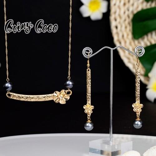 Cring Coco New Design Jewelry Sets Hawai Frangipani Marshallese Colorful Pink White Pearl Drop Dangling Earrings Necklaces Set