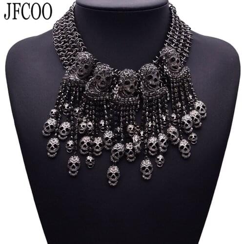 Exaggerated Punk Style Multilayer Metal Plating Skull Short Clavicle Necklace Multiple Ghost Head long Tassel Chain Dropshipping